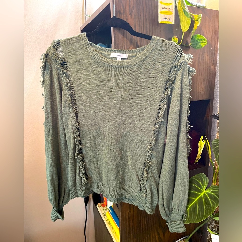 Fate small long sleeve green distressed sweater